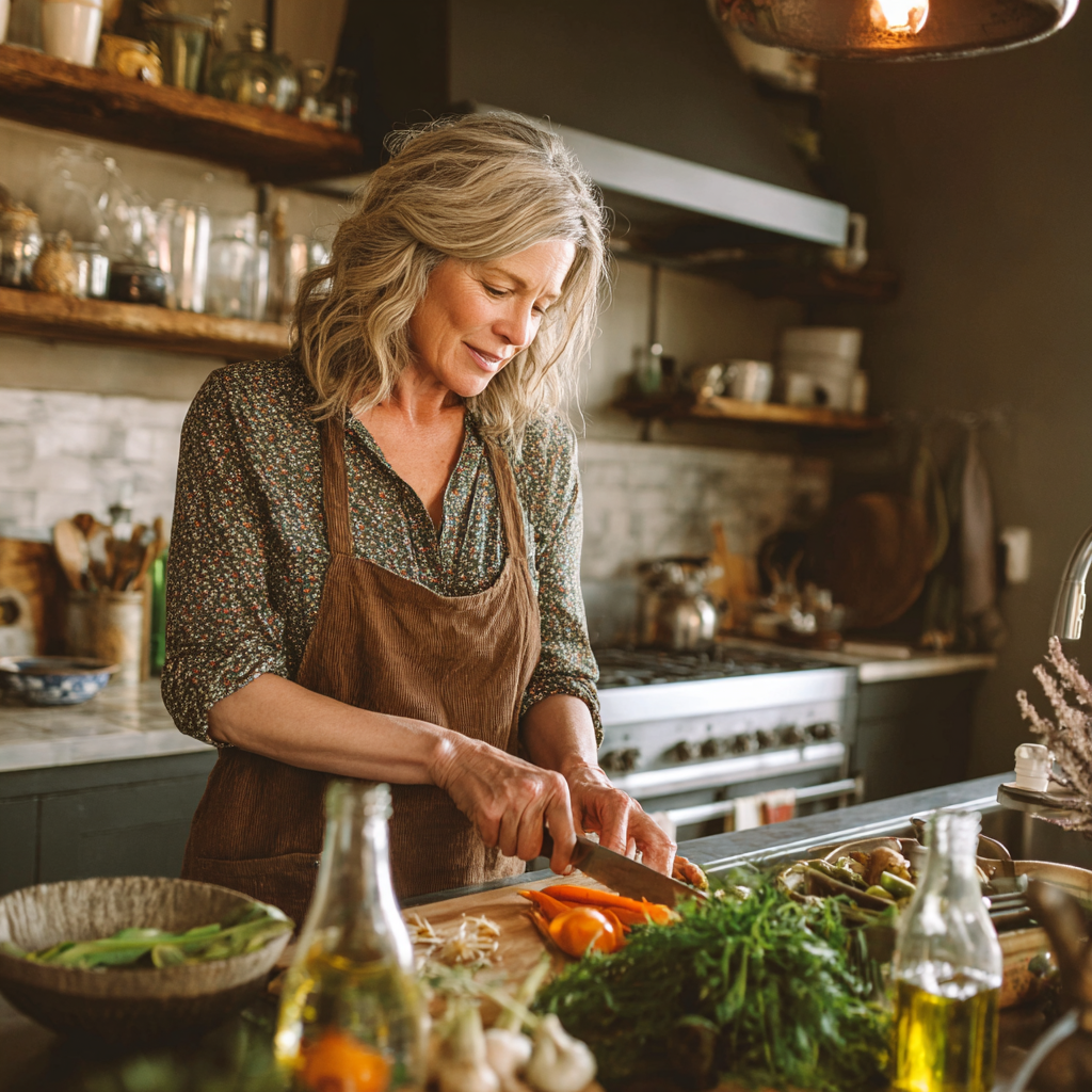 Middle-aged woman preparing healthy meal in modern kitchen