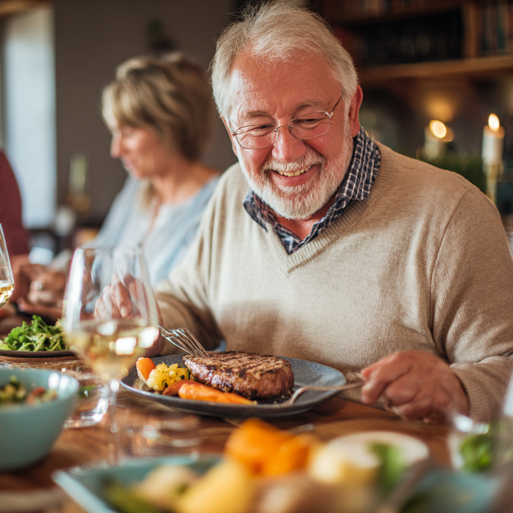 Senior man enjoying healthy meal with family at dining table
